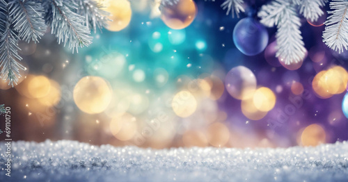 Create an a photo realistic silver and ice blue Christmas background with bokeh lights, Christmas tree, gifts, garlands in a snowy environment. New Year or x-mas purple banner bokeh background with 