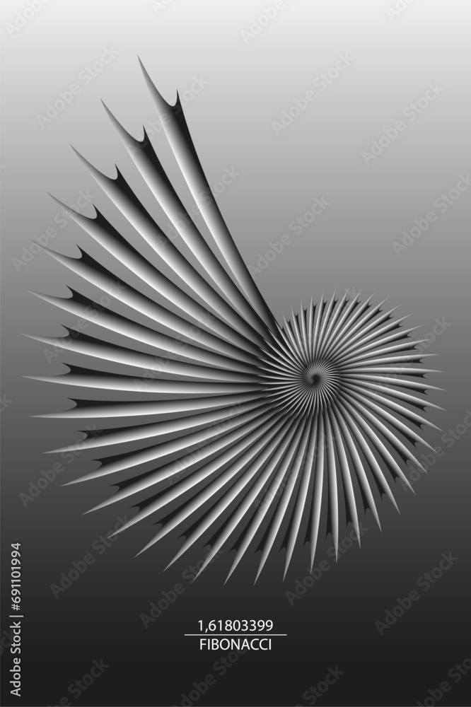 Fibonacci Sequence Golden ratio. Geometric shapes spiral. 3D Snail spiral. Sea shell of white circles. Sacred geometry logo template. Vector isolated on black background