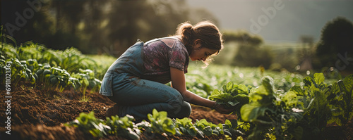 Beautiful woman is harvesting fresh vegetables on the field photo