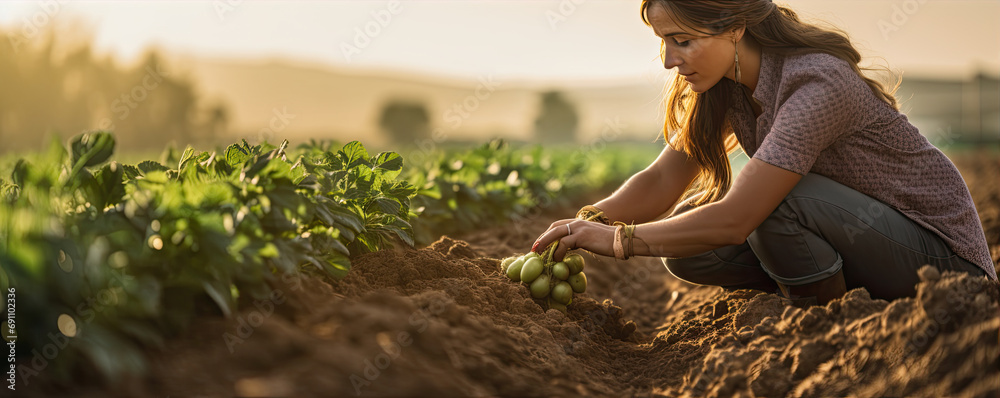 Beautiful young woman is working on the field, growing vegetables concept