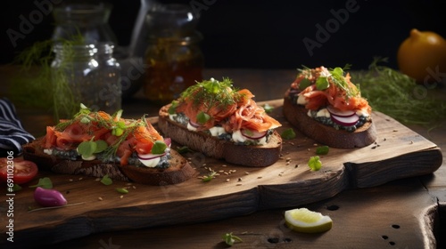 Smorrebrod - Danish open-faced sandwich, elegantly arranged on a rustic wooden board