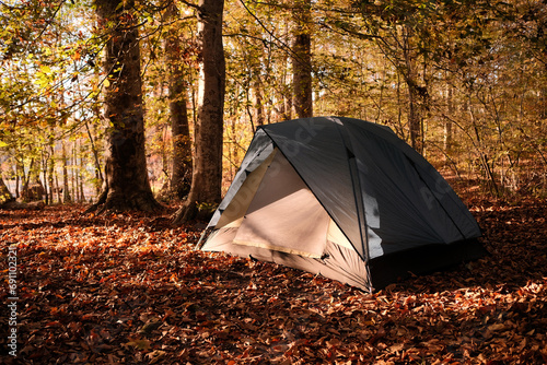 Tent Camping in Fall at Merchants Mill Pond North Carolina (ID: 691102321)