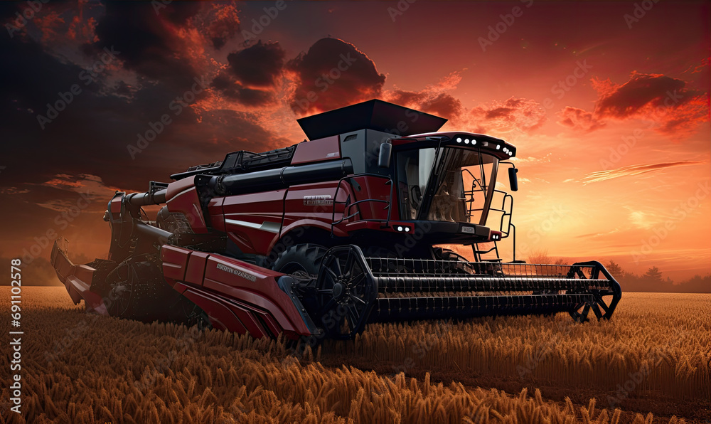Obraz premium Combine harvester harvesting the wheat on the amazing wheat field