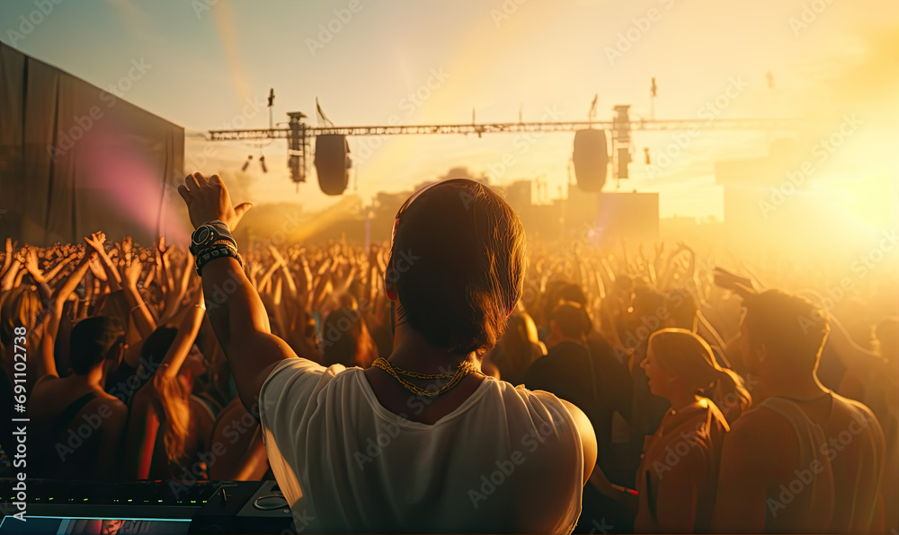 DJ behind the mixing desk at a big open air concert with a huge crowd in front of him - obrazy, fototapety, plakaty 