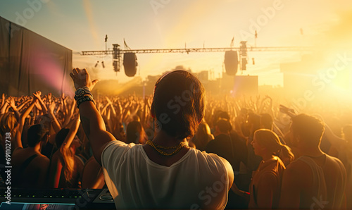 DJ behind the mixing desk at a big open air concert with a huge crowd in front of him