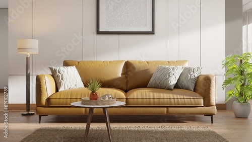 The stylish boho compostion at living room interior with design gray sofa, wooden coffee table, commode and elegant personal accessories. Honey yellow pillow and plaid. Cozy apartment. Home decor. photo