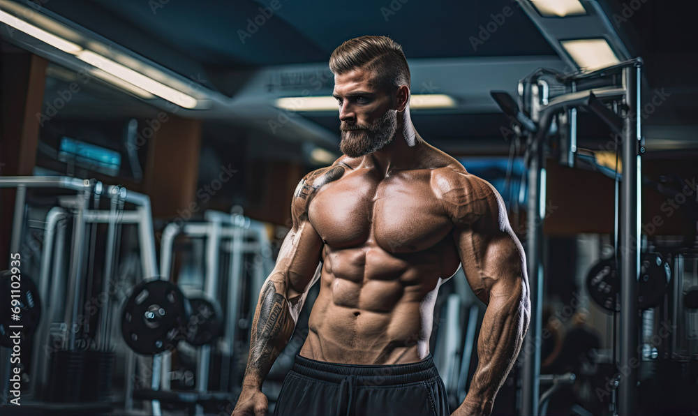 Handsome man bodybuilder during workout in the gym.