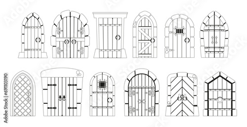 Elegant Black And White Medieval Doors Icons Exude Timeless Charm, Featuring Intricate Details, Outline Illustration