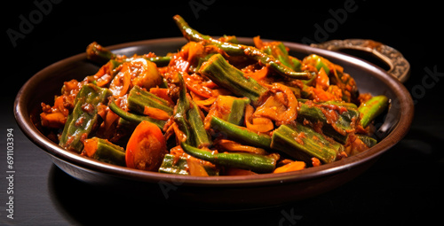 Indian masala fried Okra bhindi or ladyfinger curry. photo