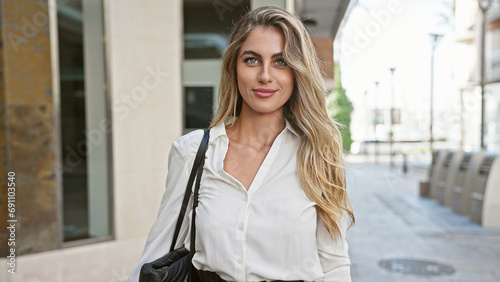 Radiant young blonde woman, exuding confidence with a sparkling smile, stands outdoors on a sunny city street, enjoying the urban ambiance and spreading positive vibes. © Krakenimages.com