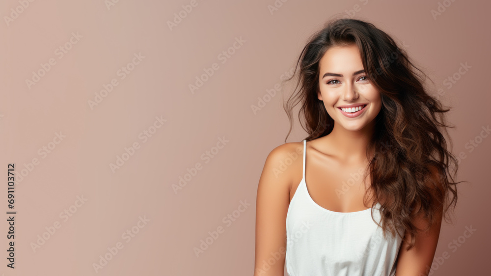 Brunette woman model wear white sundress isolated on pastel background Brunette woman model wear white sundress isolated on pastel background