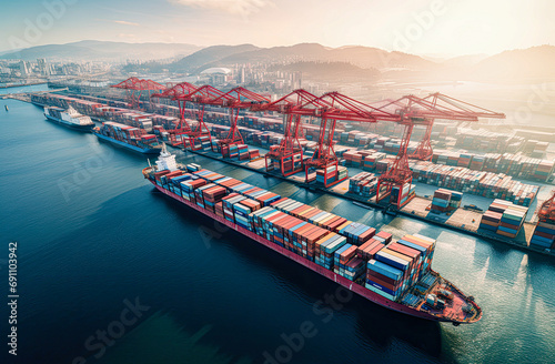 background, logistic, shipping, transportation, cargo, trade, transport, export, import, commerce. the most global shipping operations ship boat cargo container and crane on ocean background.