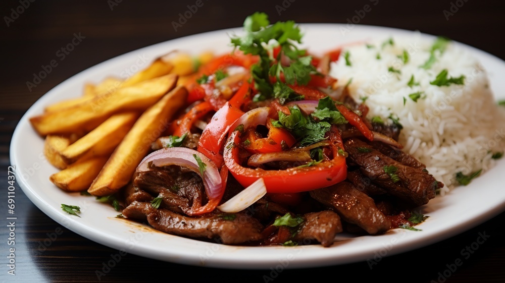 Lomo Saltado: Peruvian Stir-Fry Sirloin with Rice and Fries Lomo Saltado: Peruvian Stir-Fry Sirloin with Rice and Fries