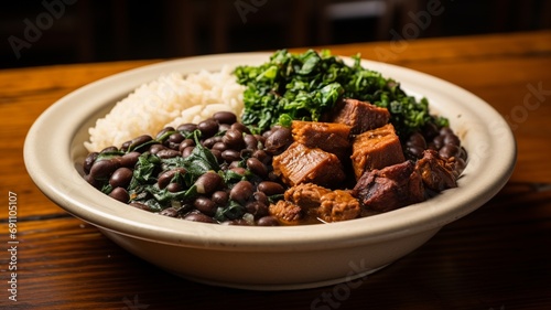 Indulge in Feijoada  Brazil s rich and hearty stew of black beans and pork  traditionally served with rice  collard greens  orange slices  and farofa