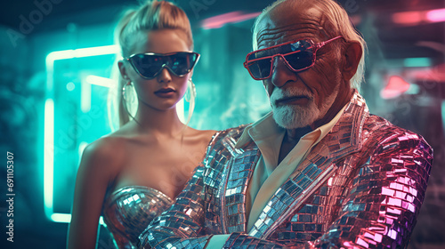 An elderly man wearing sunglasses and colorful clothes  with a beautiful blonde girl, surrounded by neon colorful lights. photo