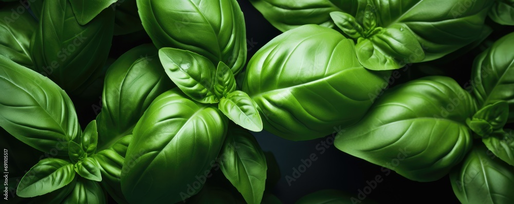 Detail fresh green basil herb leaves in the garden. Generative ai - obrazy, fototapety, plakaty 