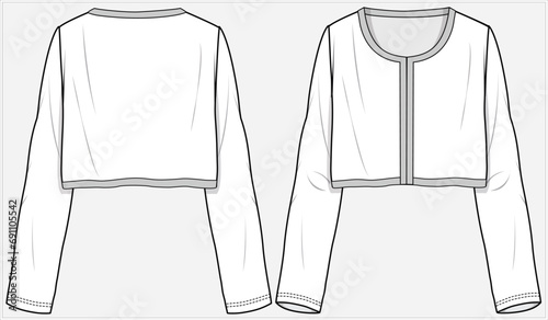 WOMEN'S CROP BUTTON THROUGH CREW NECK CARDIGAN DESIGNED FOR WOMEN AND GIRLS FRONT AND BACK FLAT SKETCH IN EDITABLE VECTOR ILLUSTRATION