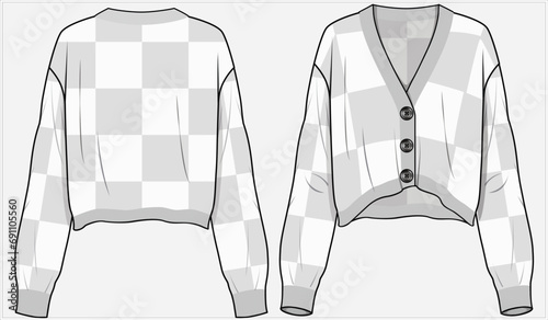 WOMEN'S CROP BUTTON THROUGH V-NECK CARDIGAN DESIGNED FOR WOMEN AND GIRLS FRONT AND BACK FLAT SKETCH IN EDITABLE VECTOR ILLUSTRATION