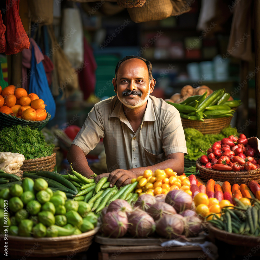 Indian vegetable seller sitting at shop and smiling