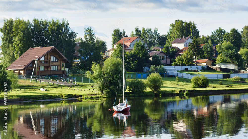 River landscape with coastal nature and villages, cruise on the Volga