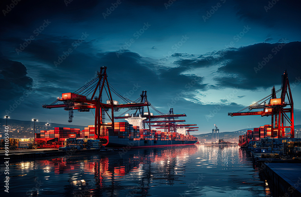 Obraz premium background, logistic, shipping, transportation, cargo, trade, transport, export, import, commerce. the most global shipping operations ship boat cargo container and crane on ocean background.