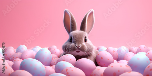 A cheerful Easter bunny holding a basket of eggs on a pink and purple background, Funny easter card with rabbit and eggs for illustrations for children or other uses. Easter time, generative AI
 photo