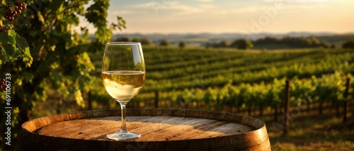 Glass of white wine on a barrel in the countryside.