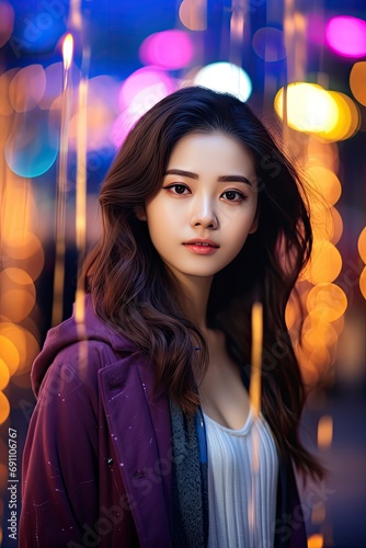 Beautiful asian girl bokeh colorful city background