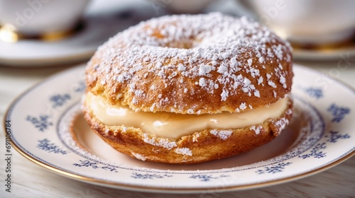 On a delicate porcelain plate rests a freshly baked Berlin Ball, a German doughnut generously filled with velvety custard. 