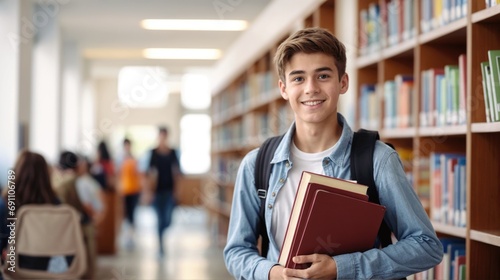 Smiling cute boy, positive male teenage high school student holding backpack and books, looking at camera standing in modern university or college campus library.