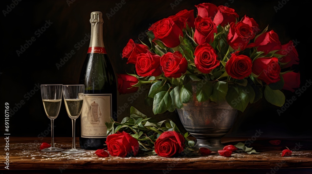 A bottle of champagne surrounded by red roses.