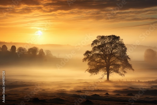 Serene landscape with tree and foggy fields. AI Generated