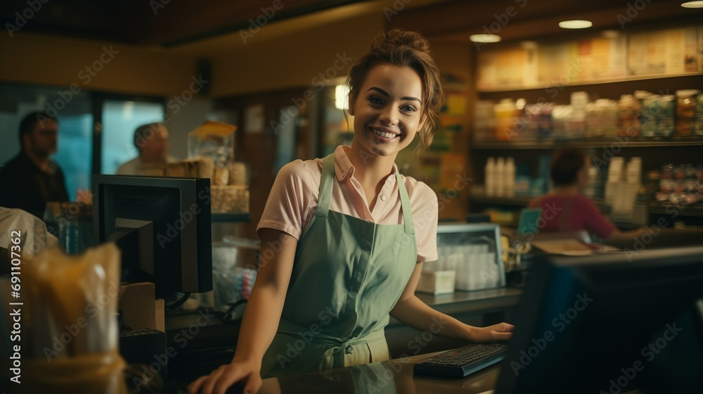 Beautiful young woman working at the counter of grocery shop. Pretty girl at the cash register. Employment options for young adults. - obrazy, fototapety, plakaty 