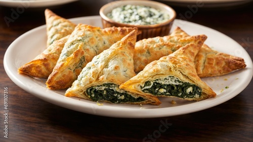 on a platter are spinach-feta boreks, flaky pastry triangles showcasing a golden-brown hue. a flavorful bite of Turkish culinary excellence. photo