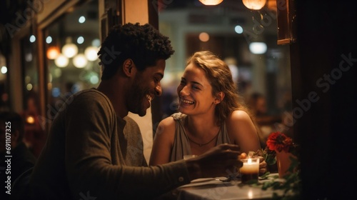 A charming caf   or restaurant  interracial couples share intimate dinners. Amidst the cozy ambience  diverse pairs engage in animated conversations.