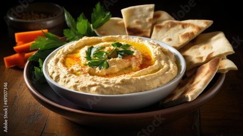 Traditional hummus, with a drizzle of olive oil and a sprinkle of paprika. Surrounding the creamy dip are colorful, freshly cut vegetables and warm pita bread, in this classic Middle Eastern delight.