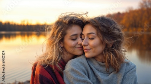 Lesbian couple in love, girlfriends hugging in nature at sunset, autumn season. Romantic scene between two loving women, female gay tenderness.