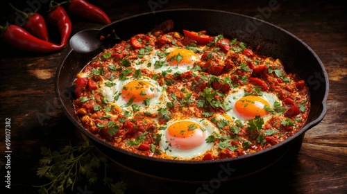 Presented in a sizzling skillet is Shakshuka, a flavorful Middle Eastern dish featuring poached eggs in a spicy tomato and pepper sauce.