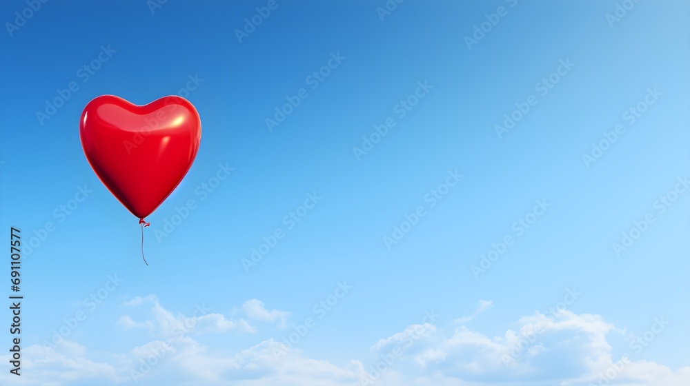 Red heart balloon in blue sky with clouds.