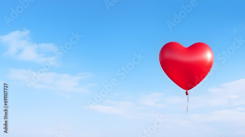 Red heart balloon in blue sky with clouds.