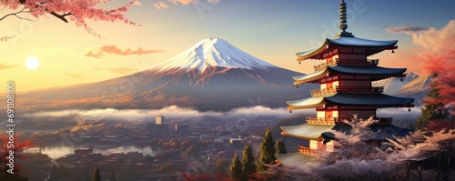 Illustration japan temple or Chureito pagoda and fuji mountains in the backround. Generative ai