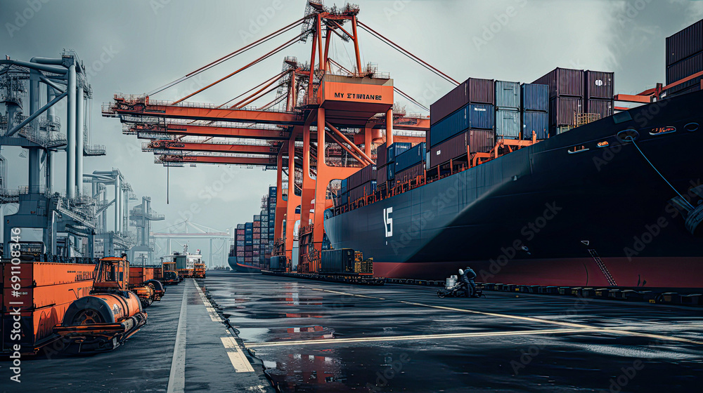 Naklejka premium background, logistic, shipping, transportation, cargo, trade, transport, export, import, commerce. the most global shipping operations ship boat cargo container and crane on ocean background.