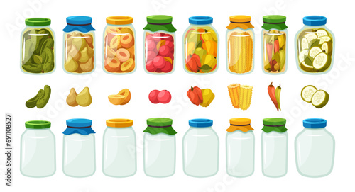 Empty and Full Glass Jars Showcase An Array Of Vibrant Canned Goods  Neatly Arranged  Cartoon Vector Illustration