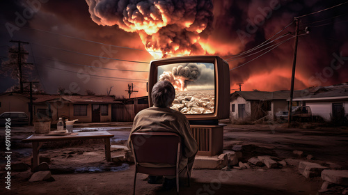 Homme regardant la télévision analogique installé dans un terrain vague