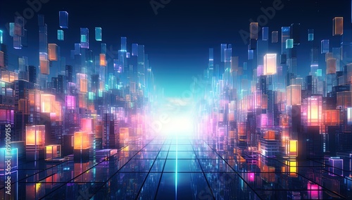 beautiful futuristic graphics rendering of futuristic city with neon lights
