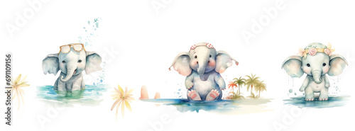 éléphantes avec des lunettes de natation lunettes soleil bonnet fleurs, et maillot de bain les pieds dans l'eau à la plage entre les cocotiers. Aquarelle style chibi photo