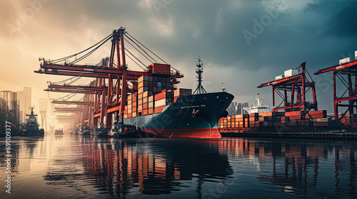 background  logistic  shipping  transportation  cargo  trade  transport  export  import  commerce. the most global shipping operations ship boat cargo container and crane on ocean background.