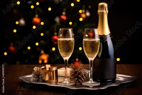 glasses and bottle of champagne, Christmas and New Year. Holidays and dreams.