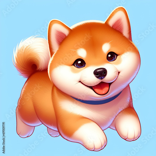 a cute happy japanese Shiba Inu puppy on a blue background, digital art