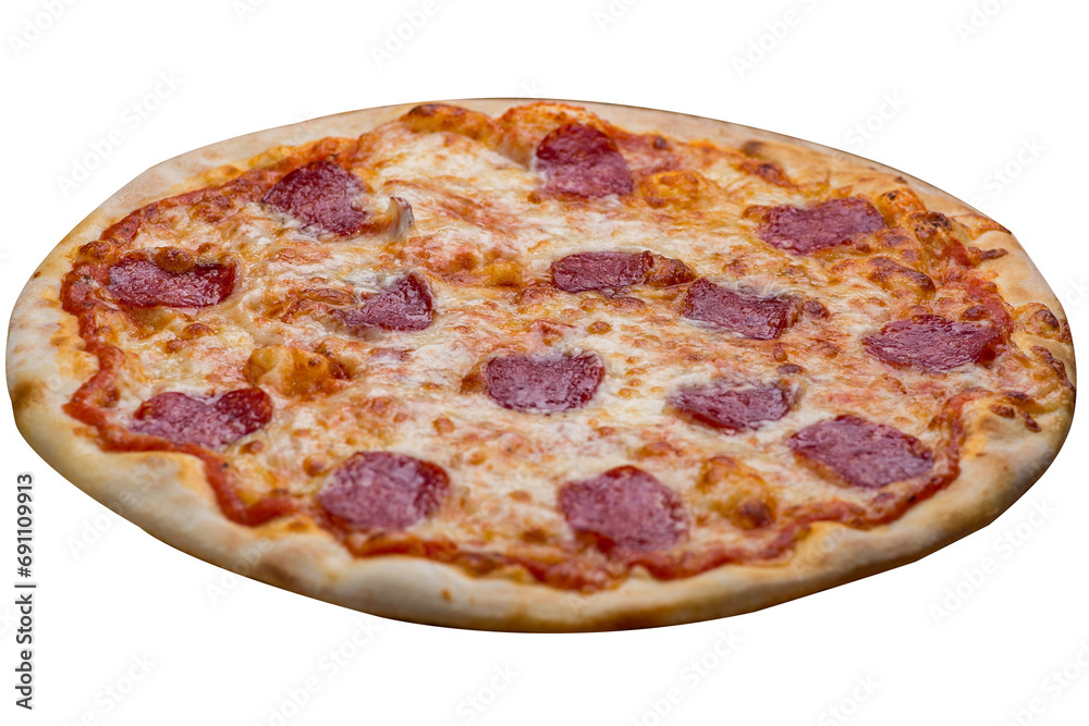 Pizza with salami, sausage and tomato sauce